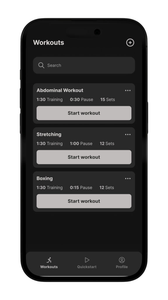 screen with three workouts saved